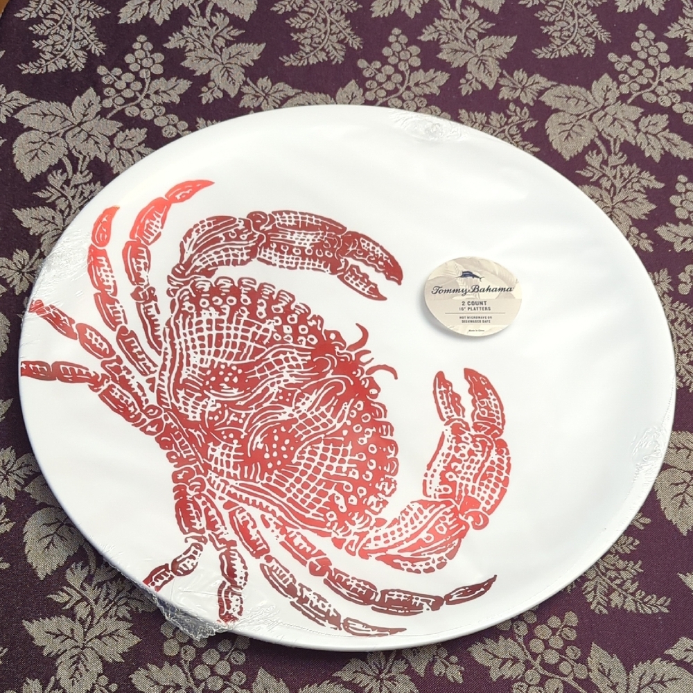 New In Package 2 Count Tommy Bahama Red Crab Platters 16"